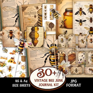 Puede incluir: Una colección de elementos de kit de diario vintage con temática de abejas, que incluye ilustraciones, etiquetas y páginas. El diseño presenta panales, abejas y elementos botánicos. El texto de la imagen dice "30+ Vintage Bee Junk Journal Kit".