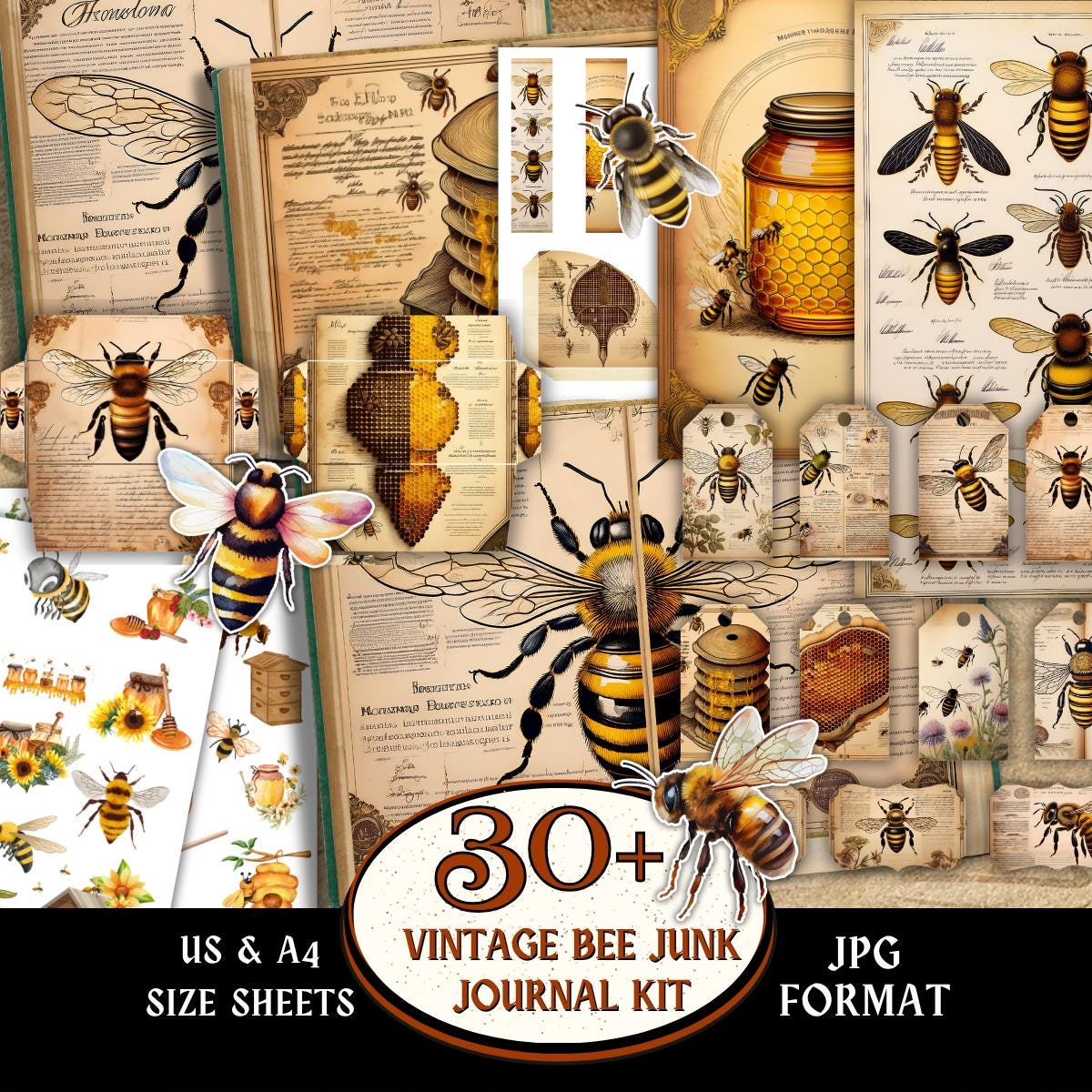 Vintage Bee Junk Journal Kit, Honey Bee Ephemera Printable, Bee Fussy ...