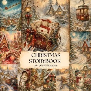 Può includere: Un libro di storie natalizie con oltre 135 pagine di diario, che mostra un collage di scene invernali tra cui una slitta rossa piena di buste, un villaggio innevato, una funivia, un treno a vapore, un pupazzo di neve e un angelo di neve.