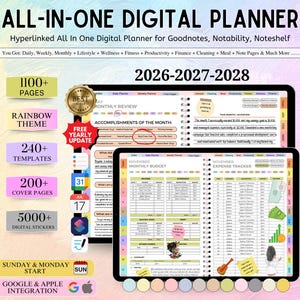 May include: Digital planner with a rainbow theme, featuring 1100+ pages, 240+ templates, and 200+ cover pages. Includes a free yearly update and 5000+ digital stickers. The planner is designed for Goodnotes, Notability, and Noteshelf, with Google & Apple integration.
