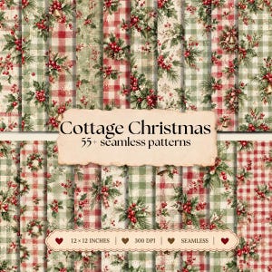 Può includere: Una collezione digitale di oltre 55 motivi senza cuciture intitolata Cottage Christmas, con sfondi a quadri rossi e verdi decorati con agrifoglio, rami di pino, bacche rosse e campanelle dorate, di 30,48 x 30,48 cm a 300 DPI.
