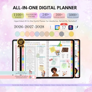 May include: An all-in-one digital planner for 2026-2028 featuring 1100+ pages, 240+ templates, 200+ cover pages, and 5000+ digital stickers. The interface includes a monthly view, task lists, goal tracking, and colorful icons for Goodnotes.