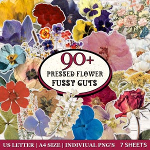 Puede incluir: Una colección de más de 90 recortes de flores prensadas en varios colores, incluyendo rojo, amarillo, azul y rosa. La imagen incluye el texto "90+ Pressed Flower Fussy Cuts". Disponible en tamaños US Letter y A4.