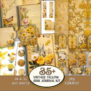 Pode incluir: Uma coleção de elementos de kit de diário de lixo amarelo vintage. O kit inclui papéis estampados, etiquetas e elementos decorativos com motivos florais e de borboletas. O texto na imagem diz "35+ Vintage Yellow Junk Journal Kit".