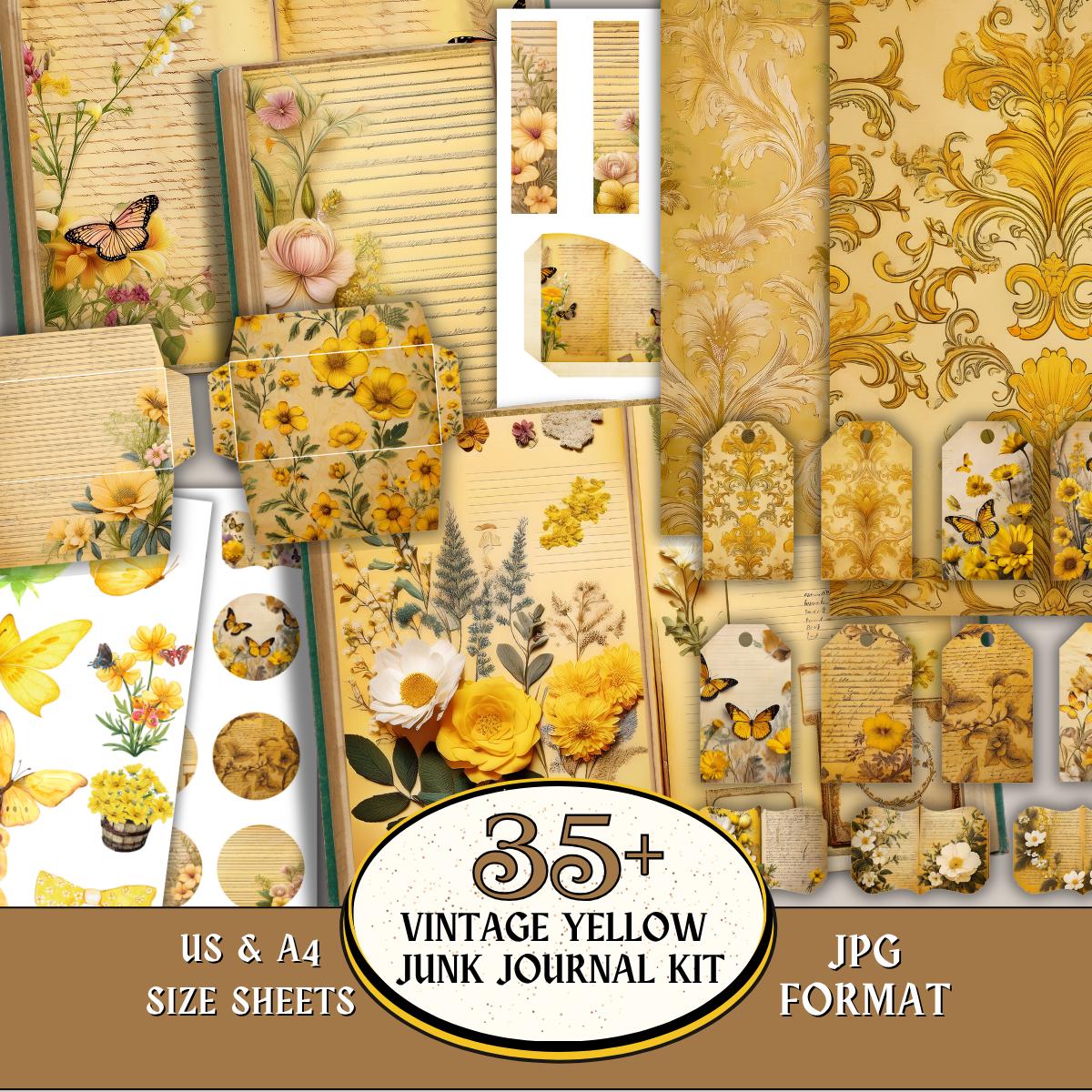 Vintage Yellow Junk Journal Kit, Cottagecore Antique Papers, Sunflower ...