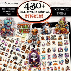 May include: A collection of over 430 Halloween digital stickers in PNG format. The stickers feature various spooky characters, pumpkins, ghosts, and text like "Spooky Vibes" and "Happy Halloween". The stickers are designed for use with Goodnotes.