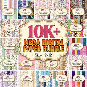 May include: A digital paper bundle collection featuring over 10,000 patterns in 12x12 inch size. The display includes various themes such as watercolor stripes, mountain landscapes, cherry blossoms, floral prints, happy faces, glitter, and greenery.