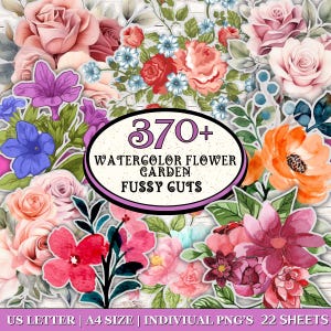 Puede incluir: Una colección de diseños de jardín de flores en acuarela. La imagen presenta una variedad de flores coloridas, incluyendo rosas y otros elementos florales. El texto en la imagen dice "370+ Watercolor Flower Garden Fussy Cuts".