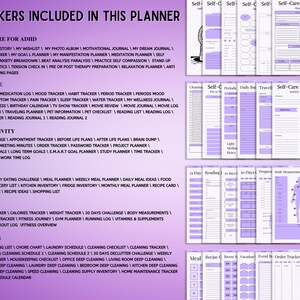 May include: A digital planner with a purple theme featuring a comprehensive list of trackers for self-care, lifestyle, productivity, meals, fitness, and cleaning. The image displays multiple page layouts including an anxiety breakdown and body measurements.