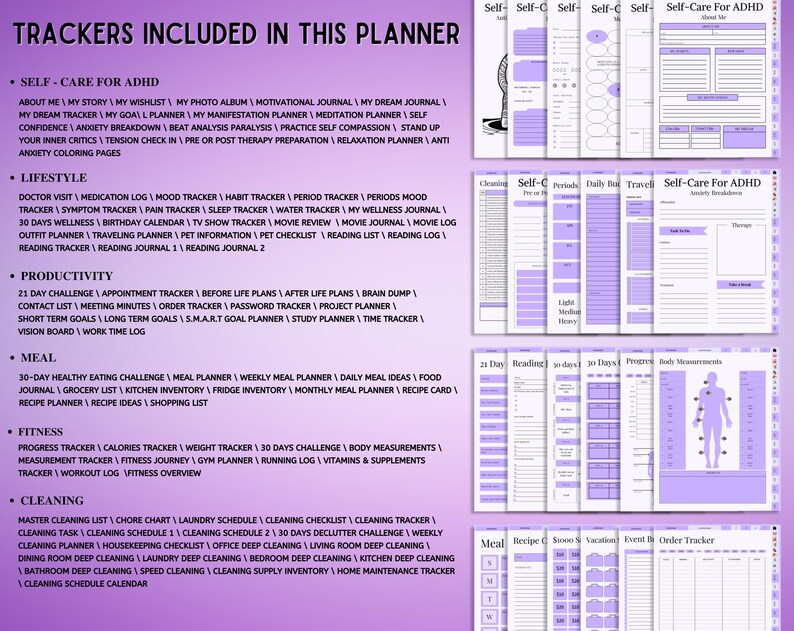 May include: A digital planner with a purple theme featuring a comprehensive list of trackers for self-care, lifestyle, productivity, meals, fitness, and cleaning. The image displays multiple page layouts including an anxiety breakdown and body measurements.
