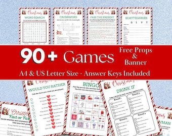 May include: A Christmas games bundle featuring multiple printable activity sheets including word search, crossword, pass the present, scattegories, would you rather, bingo, drink if, and fact or fiction. The text reads 90+ Games, Free Props & Banner.