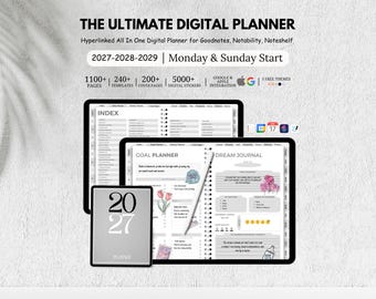 May include: A digital planner set featuring the text THE ULTIMATE DIGITAL PLANNER, 2027-2028-2029, and Monday & Sunday Start. The display shows an index, goal planner, and dream journal with various icons, a stylus, and a 2027 cover page design.