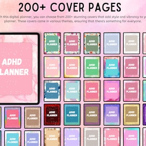 May include: A digital collection of 200+ planner covers featuring the text ADHD PLANNER. The display shows a large tablet screen on the left and a grid of various rectangular cover designs on the right, showcasing diverse colours, patterns, and textures.