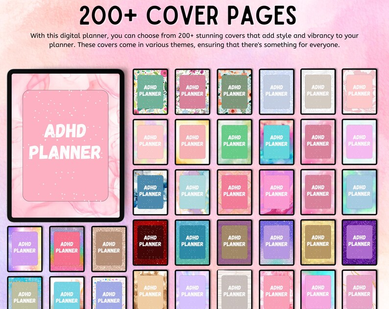 May include: A digital collection of 200+ planner covers featuring the text ADHD PLANNER. The display shows a large tablet screen on the left and a grid of various rectangular cover designs on the right, showcasing diverse colours, patterns, and textures.