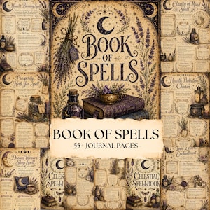 Könnte beinhalten: Eine Sammlung von über 55 Tagebuchseiten mit dem Titel Book of Spells, die Hintergründe im Vintage-Pergamentstil mit dunkelvioletten und schwarzen Illustrationen von Monden, Lavendelbündeln, Zaubertrankflaschen und detaillierten Texten zeigen.