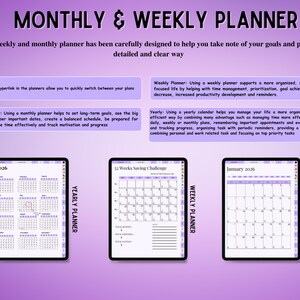 May include: A digital monthly and weekly planner with a purple gradient background. The text reads MONTHLY & WEEKLY PLANNER. Three tablet screens display a 2026 yearly calendar, a 52 weeks saving challenge, and a January 2026 monthly calendar page.