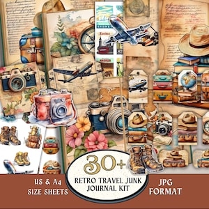 Könnte beinhalten: Eine Collage mit Vintage-Reiseelementen, darunter Kameras, Koffer, Flugzeuge und Karten. Das Bild zeigt eine Vielzahl von Papierelementen mit Retro-Ästhetik, einschließlich des Textes "30+ RETRO TRAVEL JUNK JOURNAL KIT" und "US & A4 SIZE SHEETS".