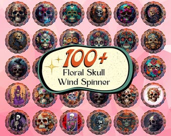 Paquete de más de 100 molinillos de viento con calaveras florales, molinillo redondo de rosa gótica, molinillo de exterior con calaveras de azúcar florales, adorno colgante de jardín con esqueletos, molinillo de calaveras