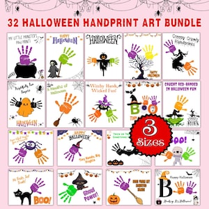Może przedstawiać: Zestaw 32 wzorów graficznych z odciskami dłoni o tematyce Halloween. Każdy wzór zawiera kolorowe odciski dłoni, które tworzą różne upiorne postacie i sceny, z tekstami takimi jak "Happy Halloween" i "Boo!" na różowym tle.