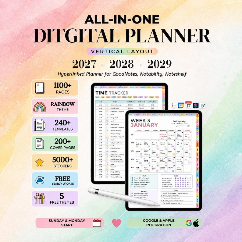 May include: An all-in-one digital planner for 2027, 2028, and 2029 with a vertical layout. The display shows a time tracker and a weekly January calendar on two tablets with a stylus. Features include 1100+ pages, 240+ templates, 200+ covers, and 5000+ stickers.