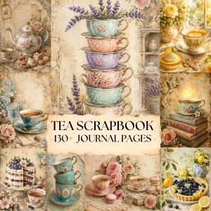 Peut inclure: Un collage numérique de pages de scrapbooking sur le thème du thé avec des tasses à fleurs, des théières, des pâtisseries et des brins de lavande. Le texte central indique TEA SCRAPBOOK -130+ JOURNAL PAGES- sur un fond vintage avec des scènes.