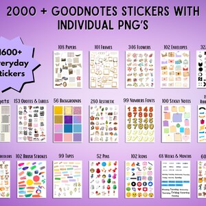 May include: A digital collection of over 2000 Goodnotes stickers featuring individual PNG files. The set includes categories such as papers, frames, flowers, envelopes, widgets, quotes, labels, backgrounds, aesthetic elements, numbers, sticky notes, and cliparts.