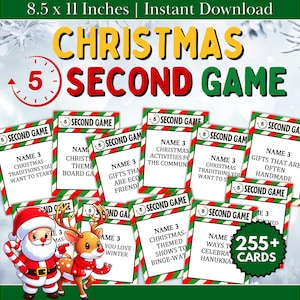 May include: A Christmas-themed party game with the text "Christmas Second Game" in yellow and red. The game includes cards with prompts like "Name 3 Christmas Traditions You Want to Start." The image also features Santa Claus and a reindeer.