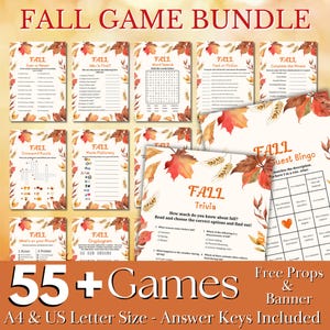 Peut inclure: Ensemble de jeux imprimables sur le thème de l'automne, comprenant des jeux de questions, des mots croisés et des jeux de recherche de mots. Le design présente des feuilles d'automne et le texte "Fall Game Bundle" et "55+ Games". Clés de réponses incluses.