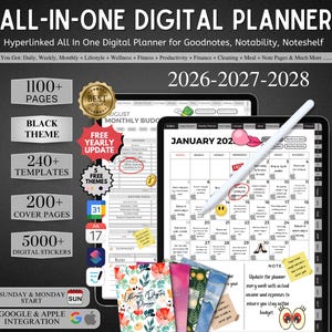以下が含まれることがあります： 2026年から2028年までのオールインワンデジタルプランナー。黒をテーマとし、1100ページ以上、240以上のテンプレート、200以上の表紙、5000以上のデジタルステッカーが含まれています。GoogleとAppleの統合。Goodnotes、Notability、Noteshelf向けに設計されています。