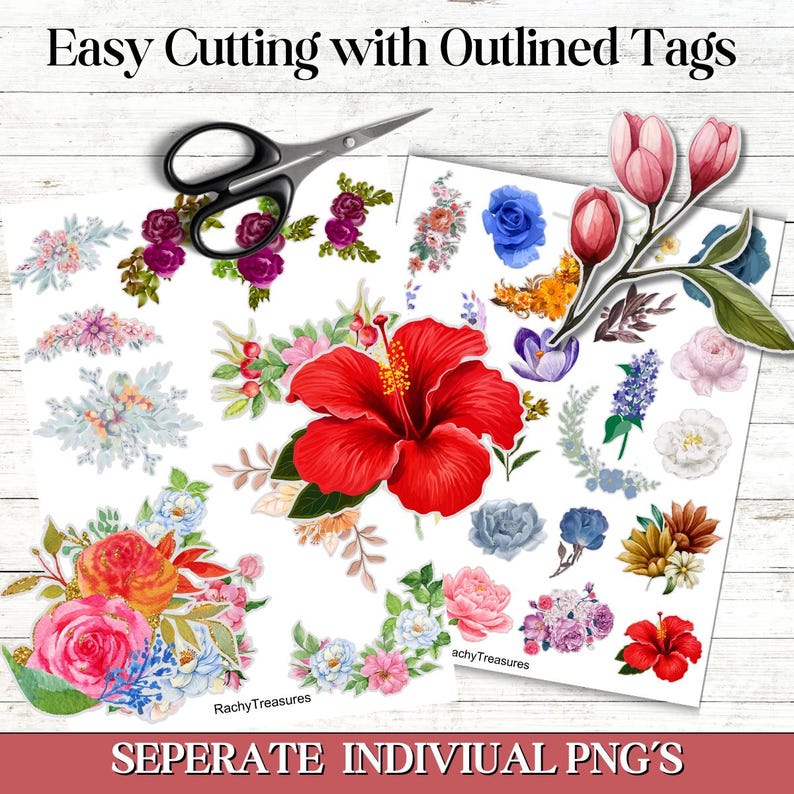 May include: A collection of floral PNG images featuring various flowers in shades of red, pink, blue, and purple. The image includes a pair of scissors and the text "Easy Cutting with Outlined Tags" and "SEPERATE INDIVIUAl PNG'S".
