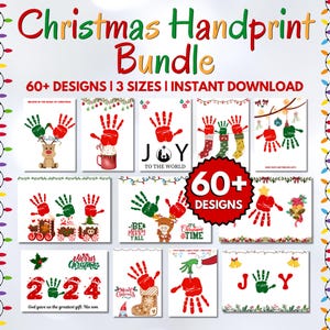 May include: A Christmas Handprint Bundle graphic with the text "Christmas Handprint Bundle" and "60+ DESIGNS | 3 SIZES | INSTANT DOWNLOAD". The image features various Christmas-themed handprint designs.