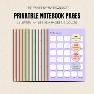 Può includere: Un set di pagine per quaderni stampabili in 12 colori, disponibili nei formati US Letter e A4. Il documento include oltre 50 pagine con vari layout come formati vuoti, a griglia e a elenco, visualizzati con etichette di testo.