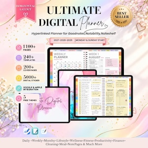 Puede incluir: Planificador digital definitivo con diseño horizontal, que incluye más de 1100 páginas, 240 plantillas, 200 portadas y 5000 pegatinas. Compatible con Goodnotes, Notability y Noteshelf, con calendarios 2027-2029 con inicio en lunes o domingo.