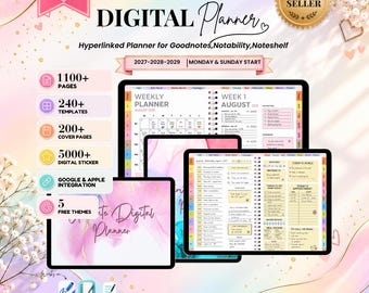 May include: Ultimate Digital Planner with a horizontal layout, featuring 1100+ pages, 240+ templates, 200+ covers, and 5000+ stickers. Compatible with Goodnotes, Notability, and Noteshelf, this planner includes 2027-2029 calendars with Monday and Sunday start options.