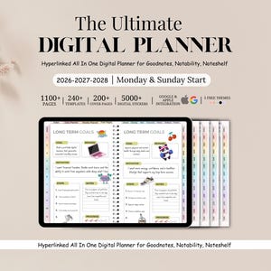 Puede incluir: Un planificador digital con el texto "The Ultimate DIGITAL PLANNER". El planificador incluye más de 1100 páginas, 240+ plantillas, 200+ páginas de portada y 5000+ pegatinas digitales. Está hipervinculado y diseñado para Goodnotes, Notability y Noteshelf.