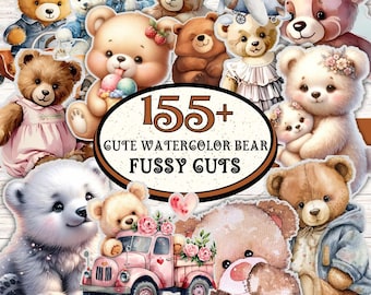 May include: A collection of watercolor bear illustrations in various poses and outfits. The image includes the text "155+ GUTE WATERCOLOR BEAR FUSSY CUTS". The bears are in shades of brown, white, and pink, with some holding ice cream or flowers.