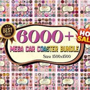 Może przedstawiać: Obraz promocyjny przedstawiający duży zestaw podkładek do samochodu. Obraz przedstawia "Mega Car Coaster Bundle" z ponad 6000 podkładek, z różnymi wzorami i tekstem "Hot Sale".