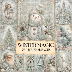 Vintermagiska skräpjournalsidor, digitalt julmagiskt papper, nyckfull snögubbeklippbok, jultomte, julgran, festliga vinterjournalsidor