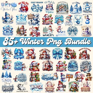 Puede incluir: Un conjunto de gráficos PNG con temática invernal que presentan muñecos de nieve, copos de nieve y frases de invierno. Los diseños incluyen texto como "Winter Vibes", "Happy Holidays" y "Merry Christmas". El paquete está etiquetado como "85+ Winter Png Bundle."