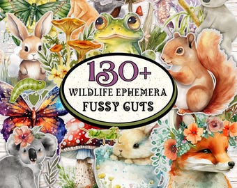 May include: A selection of watercolour wildlife ephemera fussy cuts, including a kangaroo, koala, squirrel, fox, rabbit, and frog. The image features mushrooms, butterflies, and flowers. Text reads "130+ WILDLIFE EPHEMERA FUSSY CUTS".