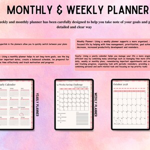 May include: A digital monthly and weekly planner set featuring a pink watercolour background. The display includes text headers, informational boxes, and three tablet screens showing a yearly calendar, a 52-week saving challenge, and an October 2028 monthly view.