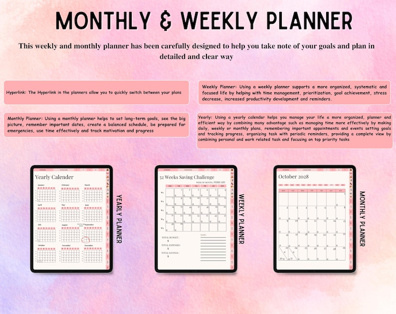May include: A digital monthly and weekly planner set featuring a pink watercolour background. The display includes text headers, informational boxes, and three tablet screens showing a yearly calendar, a 52-week saving challenge, and an October 2028 monthly view.