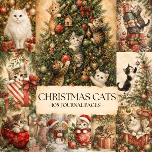 以下が含まれることがあります： 装飾されたクリスマスツリーやギフトボックスと戯れる様々な子猫を描いたクリスマスをテーマにしたイラスト集で、中央の羊皮紙風の背景には「CHRISTMAS CATS - 105 JOURNAL PAGES」というテキストが記載されています。