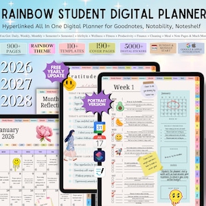 Op de afbeelding: Een digitale planner met een regenboogthema, ontworpen voor Goodnotes, Notability en Noteshelf. De planner bevat meer dan 900 pagina's, 110+ sjablonen, 190+ omslagpagina's en meer dan 5000 digitale stickers. Het heeft een kalender voor 2026, 2027 en 2028.