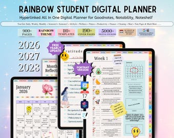 Rainbow Student Digital Planner, 2026 2027 2028 Digital Planner, Academic Planner, Study Planner, School College Planner, Goodnotes Planner