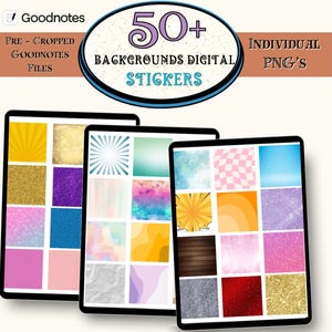 May include: Three digital tablets displaying a variety of backgrounds and stickers. The tablets showcase colorful designs, including glitter, patterns, and textures. Text on the image reads "50+ Backgrounds Digital Stickers" and "Individual PNG's".