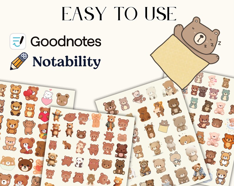 100 + Cute Bear Digital Stickers Pack, Goodnotes Sticker, Cute Bear ...