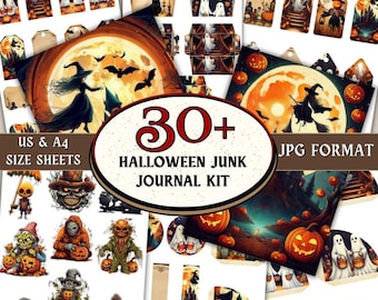 May include: A Halloween junk journal kit featuring 30+ sheets in US and A4 sizes with JPG format. The collection includes various printable tags and illustrations of ghosts, witches, pumpkins, skeletons, and haunted landscapes in orange and black.