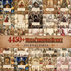 May include: A digital collection of 4450+ Mega Christmas Bundle journal pages featuring various holiday themes including nativity scenes, vintage fairies, cozy winter landscapes, gingerbread, cats, gothic motifs, and rustic winter designs.