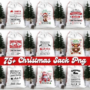 May include: A collection of white Christmas sacks with red drawstrings, each featuring festive designs and text. Designs include Santa, reindeer, and holiday phrases. The text "75+ Christmas Sack Png" is displayed at the bottom.